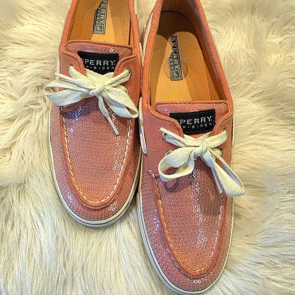 💗 Sperry Salmon Pink Glitter Top-Sider Boat Shoes Size 9